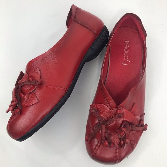 Socofy Red Geuine Leather Floral Toe Handmade Slip On Casual Statement Loafer - Picture 4 of 16